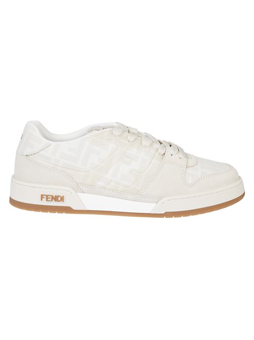 Sneaker color panna di FENDI caratterizzata da Jacquard FF con dettaglio in suede tono su tono, applicazione FF ai lati, suola in gomma e chiusura con stringhe. FENDI | 7E1688AQ6IF1NJ3