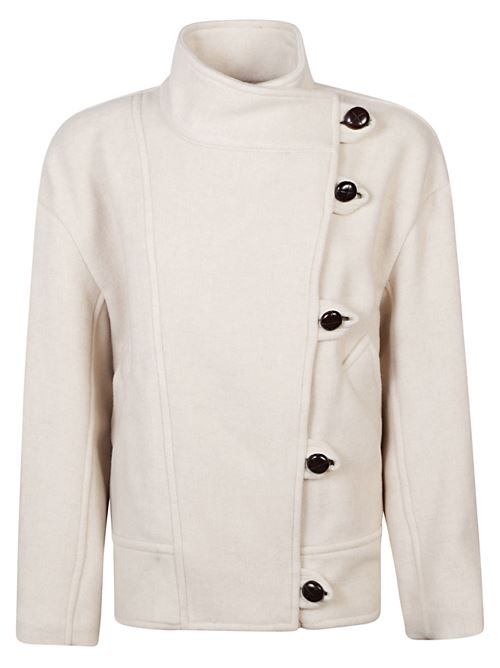 Cappotto corto beige di MARANT caratterizzato da collo alto, linguetta abbottonata, chiusura asimmetrica con bottoni alamaro e tasche laterali. MARANT | 25AMA0267FBB1D03I23EC