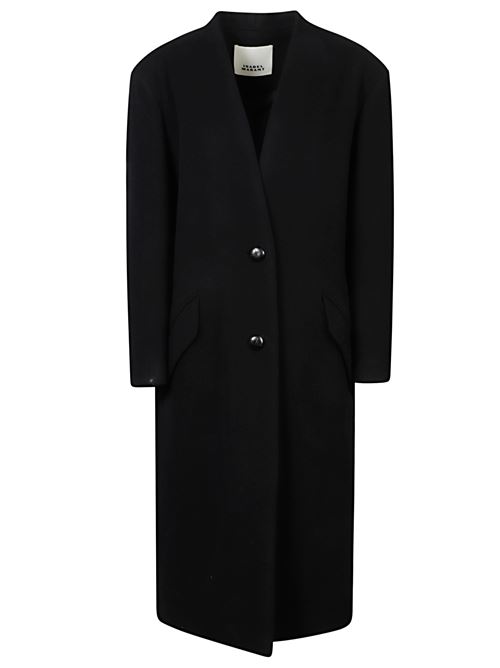 Cappotto lungo nero di MARANT caratterizzato dal design a monopetto, chiusura a bottoni e due tasche con patta sul  davanti. MARANT | 25AMA0439FAB1D03I01BK