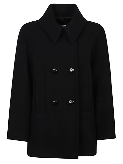 Cappotto corto nero di MARANT caratterizzato dal design a doppiopetto, colletto classico, chiusura gancio e bottoni, spalle scese, tasche a filetto laterali e orlo dritto. MARANT | 25AMA0455FAB1D03I01BK