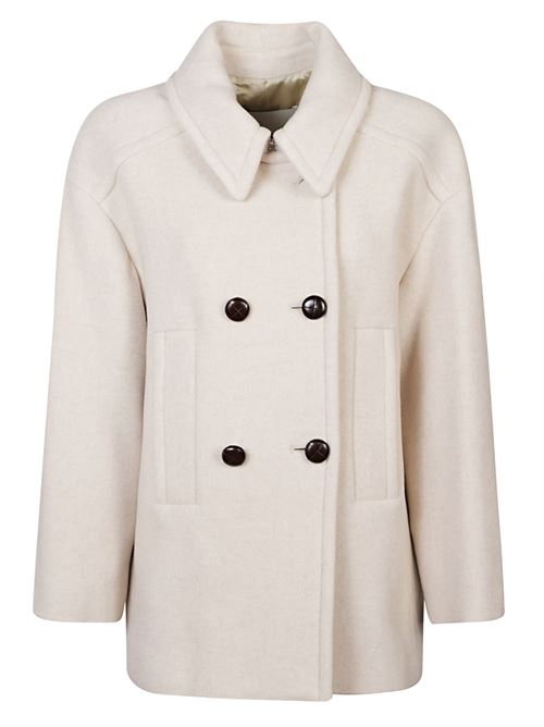 Cappotto corto beige di MARANT caratterizzato dal design a doppiopetto, colletto classico, chiusura gancio e bottoni, spalle scese, tasche a filetto laterali e orlo dritto. MARANT | 25AMA0455FAB1D03I23EC