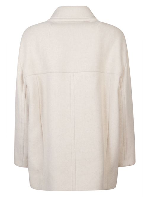 Cappotto corto beige di MARANT caratterizzato dal design a doppiopetto, colletto classico, chiusura gancio e bottoni, spalle scese, tasche a filetto laterali e orlo dritto. MARANT | 25AMA0455FAB1D03I23EC