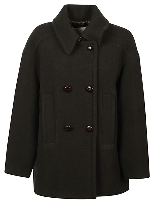 Cappotto corto color kaki di MARANT caratterizzato dal design a doppiopetto, colletto classico, chiusura gancio e bottoni, spalle scese, tasche a filetto laterali e orlo dritto. MARANT | 25AMA0455FAB1D03I67DK