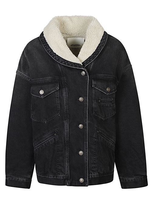 Giacca in denim nero di MARANT caratterizzata da effetto slavato, scollo a scialle, chiusura con bottoni, patch logo posteriore e risvolti e fodera in ecopelliccia effetto montone. MARANT | 25AVE0525FAC3H01I02FK