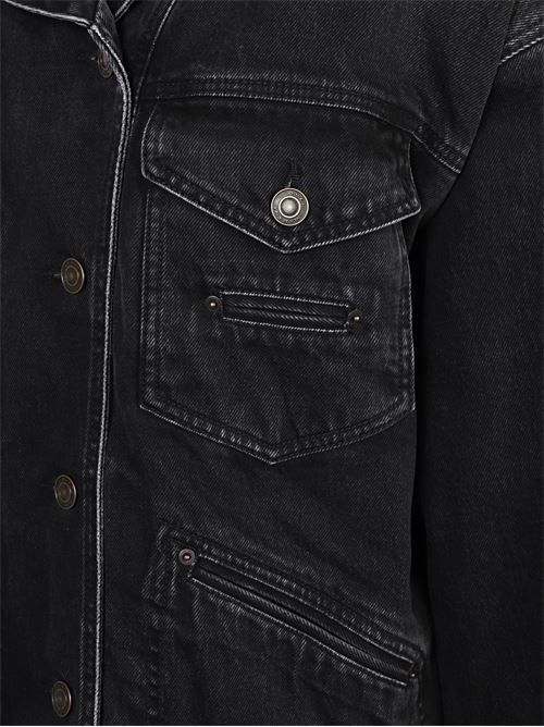 Giacca in denim nero di MARANT caratterizzata da effetto slavato, scollo a scialle, chiusura con bottoni, patch logo posteriore e risvolti e fodera in ecopelliccia effetto montone. MARANT | 25AVE0525FAC3H01I02FK