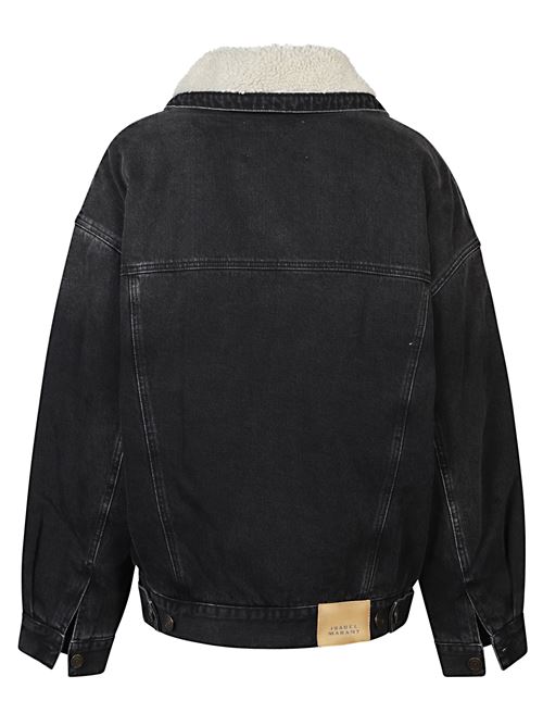 Giacca in denim nero di MARANT caratterizzata da effetto slavato, scollo a scialle, chiusura con bottoni, patch logo posteriore e risvolti e fodera in ecopelliccia effetto montone. MARANT | 25AVE0525FAC3H01I02FK